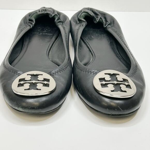 TORY BURCH Minnie Ballet Flats Black Leather Slip On Silver Logo Classic Sz 7 - Picture 2 of 7